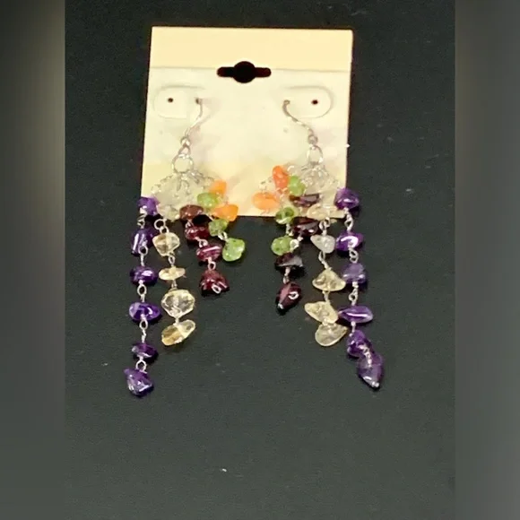 Pretty 925 Sterling Silver Multi Color Gemstone Dangling Earrings - Picture 7 of 12